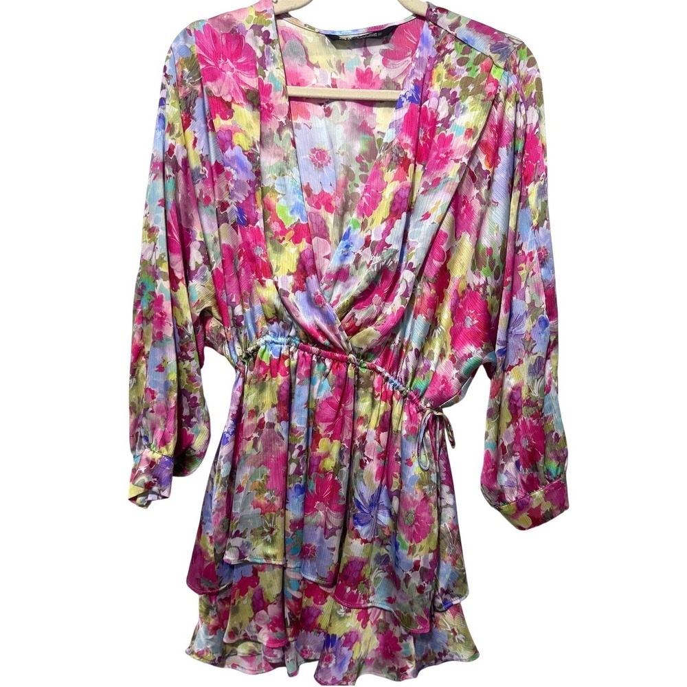 Zara Floral Satin-Effect Tiered European Summer Mini Dress Size S